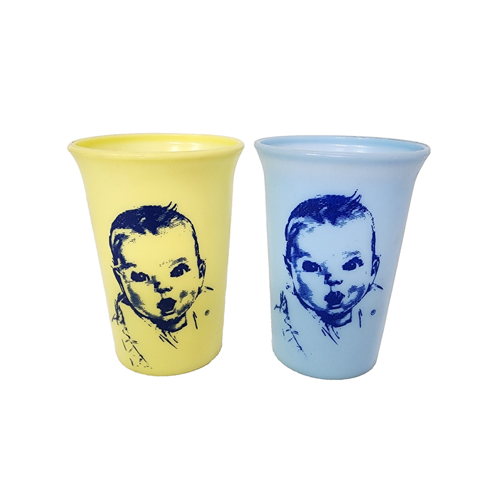 Vintage Set Gerber Baby Plastic Tumbler Cup Advertising 3.25" Blue Yellow Childs